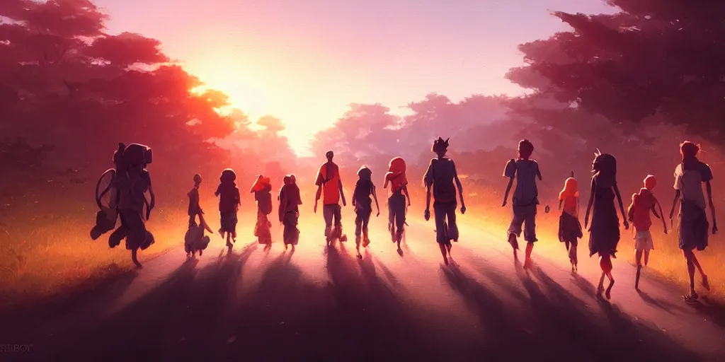 Image similar to a group of close friends walking down the road at sunset, nostalgic, details, sharp focus, illustration, by jordan grimmer and greg rutkowski, trending artstation, pixiv, digital art