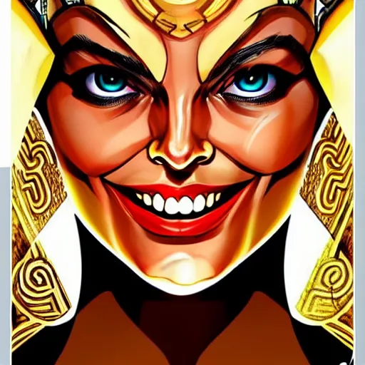 Prompt: style of Rafeal Albuquerque comic book art, goddess Margot Robbie, gold and white eyes, symmetrical face, symmetrical eyes, scary smile