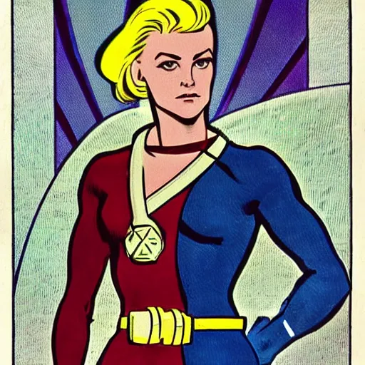 Image similar to a stoic heroic butch blonde emotionless woman, with very short slicked - back hair. she is dressed as an atompunk space hero. well composed, clean elegant painting, beautiful detailed face. comic book art by steve ditko and jack kirby and ( alphonse mucha )