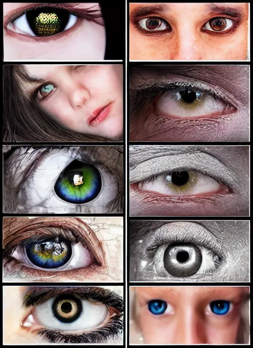 Image similar to grid montage of square shaped eyes, square shaped dilated pupils, square irises, detailed colored textures, eyelashes, advanced art, art styles mix, from wikipedia, wet reflections in eyes, sunshine light, hd macro photograph, from side, various eyelid positions, square black pupil centered