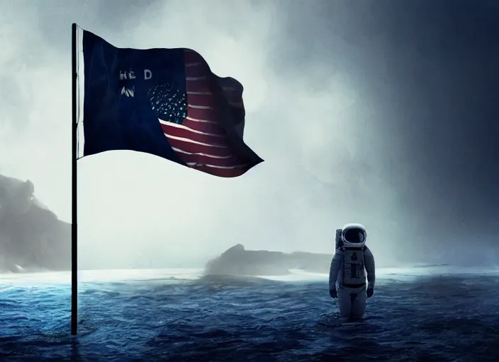 Image similar to astronaut holding a flag in an underwater desert. a submarine is visible in the distance. dark, concept art, cinematic, dramatic, atmospheric, 8 k, trending on artstation, blue, fish, low visibility, fog, ocean floor, christopher nolan, interstellar