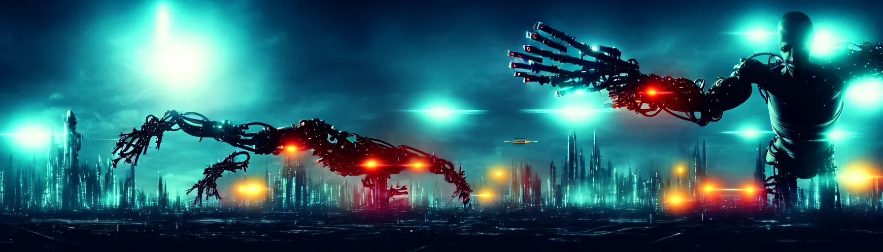 Image similar to apocalyptic ufo scene of cyborg arms with claws reaching out to try and catch fast moving ufos, in the style of blade runner, cyberpunk, laser, smoke, debris