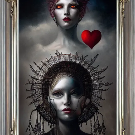 Image similar to By Tom Bagshaw, ultra realist soft painting of curiosity carnival by night, Heart attached in barbed wires, symmetry accurate features, very intricate details, ominous sky, black and white, volumetric light clouds