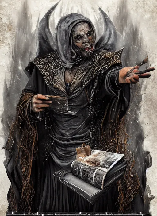 Prompt: black magic sorcerer with a book of spells, book, dramatic, death, cinematic, ultra realistic, highly detailed, trending on artstation