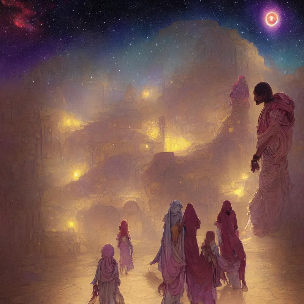 Image similar to bedouin man and woman and child in galaxy walking towards mosque surrounded by nebula, highly detailed, gold filigree, romantic storybook fantasy, soft cinematic lighting, award, disney concept art watercolor illustration by mandy jurgens and alphonse mucha and alena aenami, pastel color palette, featured on artstation