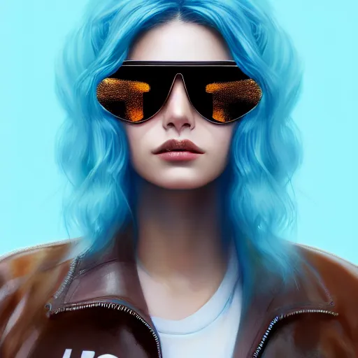 Prompt: closeup painting of a very beautiful young mexican cyberpunk woman smirking, wearing light blue shutter shades and a leather jacket, one side haircut, long brown hair with light blue ends, portrait, hyperdetailed, artstation, cgsociety, 8 k