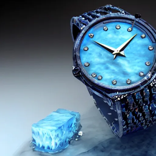 Image similar to a luxury wristwatch made out of blue ice, attached to a molten metal rod, unreal engine