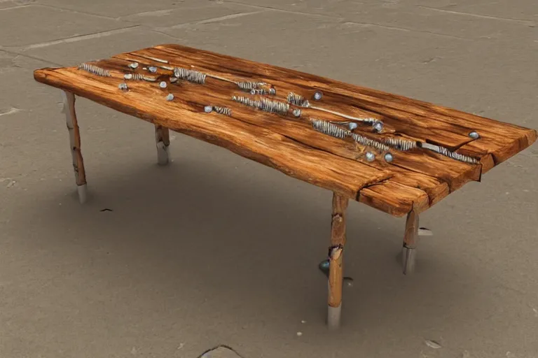 Image similar to a rustic rectangle wooden table with spikes sticking out of it. artstation highquality 4k