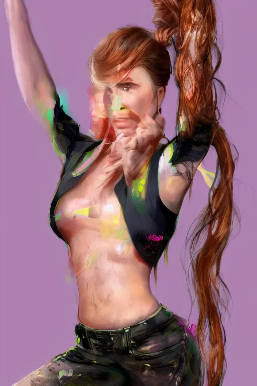 Image similar to mix of beautiful young maria shriver, mariel hemmingway, brooke shields, nicole kidman and elle macpherson as a zumba instructor, thin lips, hair tied up in a pony tail, dark blonde hair, colorful, artstation, cgsociety