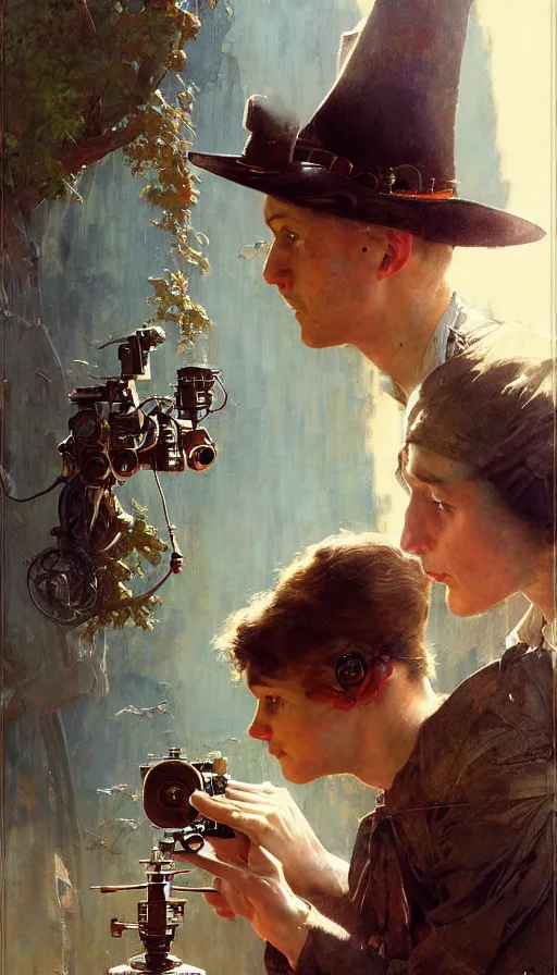 Prompt: hyper realistic photographer looking through camera towards viewer, magical, steampunk, painted by james gurney, norman rockwell, tom bagshaw, mucha, gaston bussiere, craig mullins, j. c. leyendecker 8 k