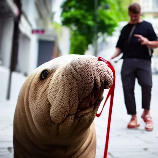 Prompt: Man walking his pet walrus with a leash down the street, realistic, detailed, 8k, hd