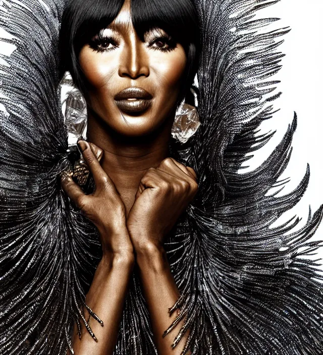 Prompt: photography face profil portrait of naomi campbell, natural pose, natural lighing, rim lighting, no flash, wearing a ornate transparent and metallic costume with feathers and cloth convolutions by iris van herpen, highly detailed, smooth, sharp foccus, kin grain detail, high detail, photography by by paolo roversi, creativity in fashion design