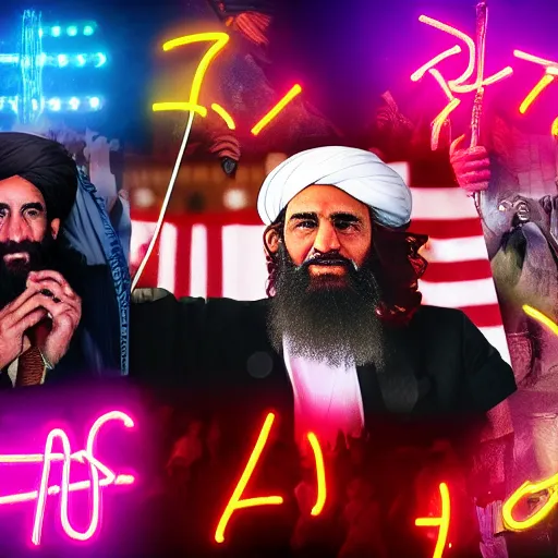 Image similar to 4 k portrait sony a 7 f 2. 8 of a gigantic president joe biden as a taliban leader surrounded by dancing instagram models with neon lighting and moody cloudy skies