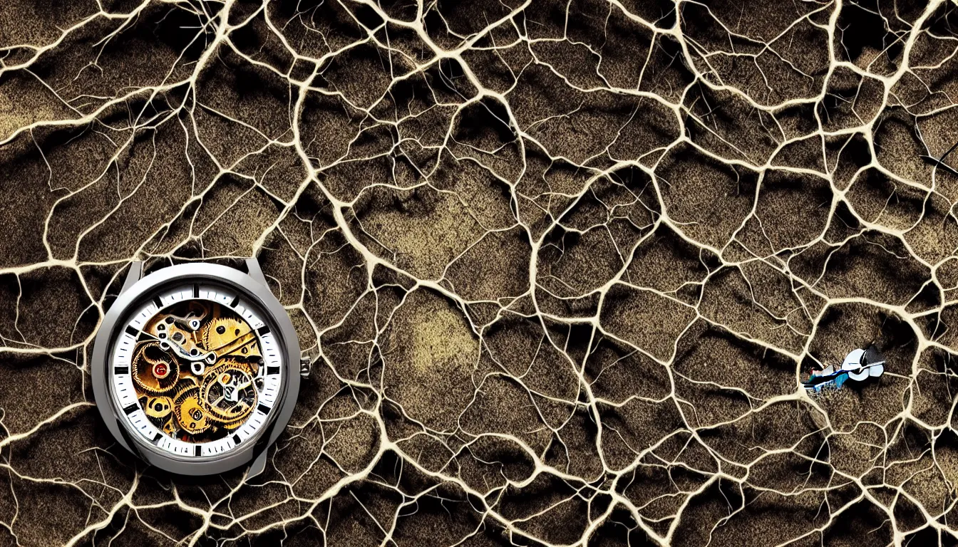 Image similar to detailed view from inside a clockwork watch, entangled roots, cracked earth, living microorganisms, decaying, hyper realistic photo, full colour, upscale, 8 k