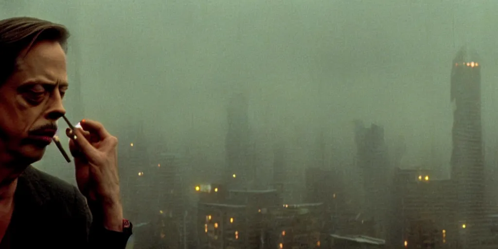 Image similar to beautiful cinematic film still of steve buscemi smoking a cigarette on a building top overlooking the rainy city in blade runner, 4 k