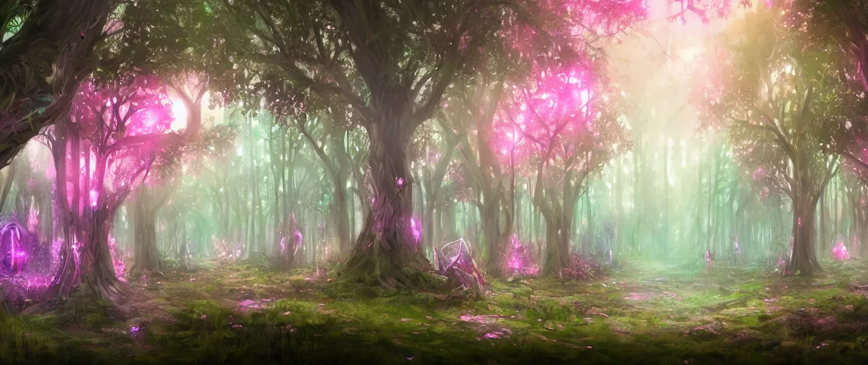 Image similar to a digital painting of a magical fantasy forest, large magical trees, magical flowers, hanging lanterns, godrays, mystical, evening, concept art, trending on artstation, matte painting, high detail, high quality, pink/purple/green colour scheme