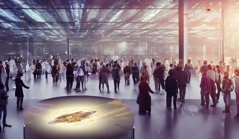 Image similar to crowd of people in simple white museum, looking at hologram of dense futuristic city on a table, cinematic concept art, godrays, golden hour, natural sunlight, 4 k, clear details, tabletop model buildings, center model buildings, hologram center, crane shot, crane shot, crane shot, white walls