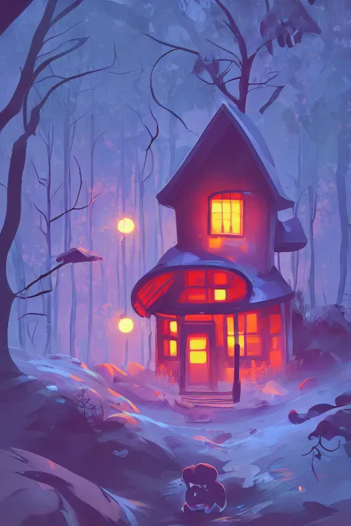 Prompt: the small house in the forest, dark night, leaves in the air, mushrooms, animals, gibli, james gilleard, atey ghailan, lois van baarle, jesper ejsing, pop art patterns, exquisite lighting, clear focus, very coherent, plain background, very detailed, vibrant, digital painting