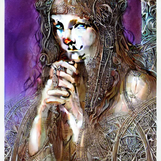 Prompt: a closeup portrait of a beautiful female art nouveau bohemian cyberpunk musician in filigree fractal robes by ted nasmith and luis royo