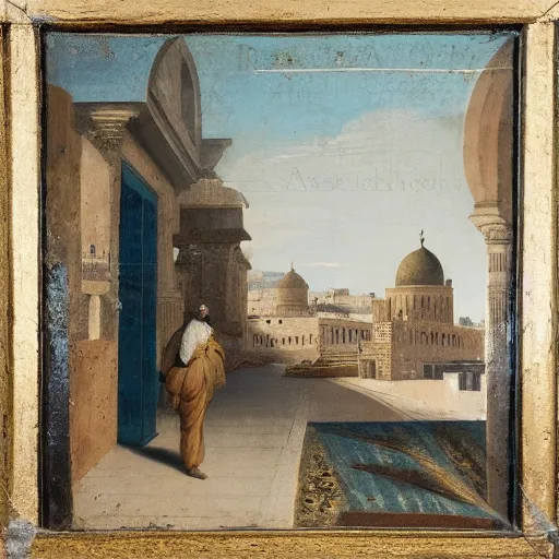 Prompt: 18th century historical painting representing Arab man near old mosque in old Arab city, by Joshua Reynolds, Hermitage museum catalog photography,