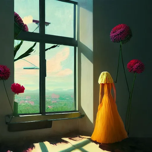 Image similar to giant carnation flower head, woman standing next to modern window in luxury loft, surreal photography, sunlight, impressionist painting, digital painting, artstation, simon stalenhag