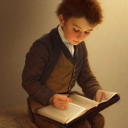 Image similar to 1830s young boy trying to read a book, highly detailed, digital painting, artstation, concept art, art by artgerm and Johfra Bosschart