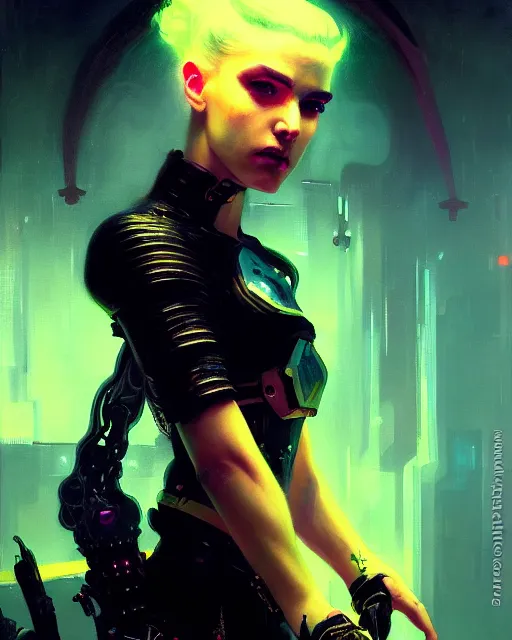 Prompt: painted close - up portrait of a neon intimidating cyberpunk girl. oil painting, wearing a noblewoman's outfit, fantasy art by greg rutkowski and john singer sargent and gaston bussiere, demon noble character design