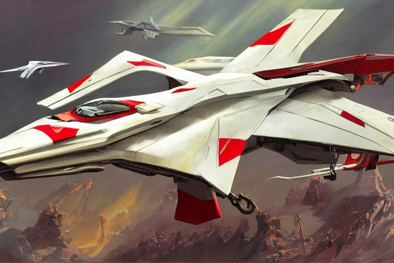 Image similar to a pteranodon mecha fighter, white john berkey armor panels, wine-red trim, skull insignia, robotech styling with Kanji markings, boeing concept art painting