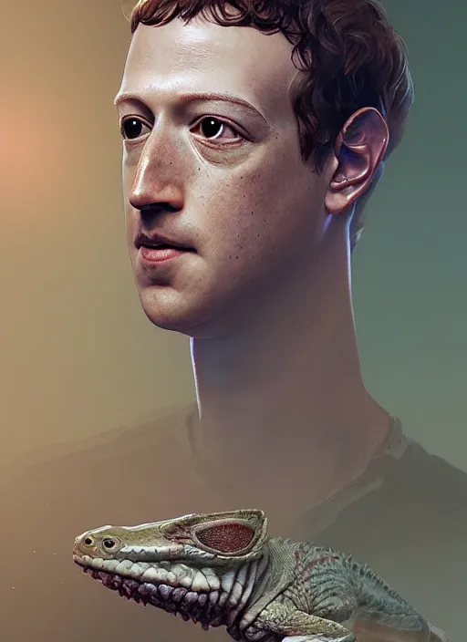 Image similar to portrait of mark zuckerberg as a lizard overlord shedding skin, hyper detailed, digital art, trending in artstation, cinematic lighting, studio quality, smooth render, unreal engine 5 rendered, octane rendered, art style by klimt and nixeu and ian sprigger and wlop and krenz cushart.