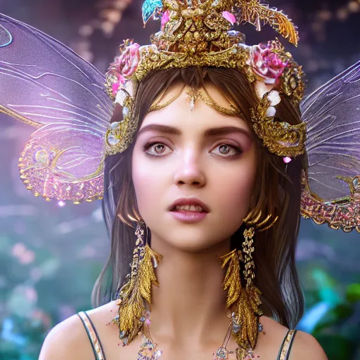 Image similar to portrait of fairy princess, glowing, ornate and intricate jewelry, jaw dropping beauty, glowing background lighting, white accent lighting, hyper detailed, fairy tale, 4 k octane render