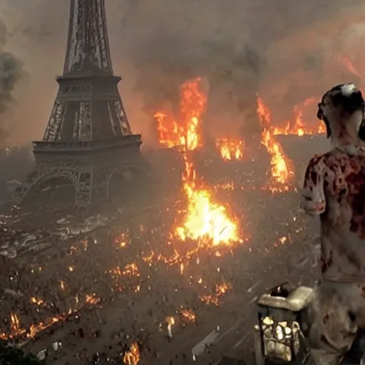 Image similar to A Guy standing a top of Eiffel tower, Zombie apocalypse, Zombie everywhere, Fire everywhere, Building destroyed, People screaming, Horde of zombies,