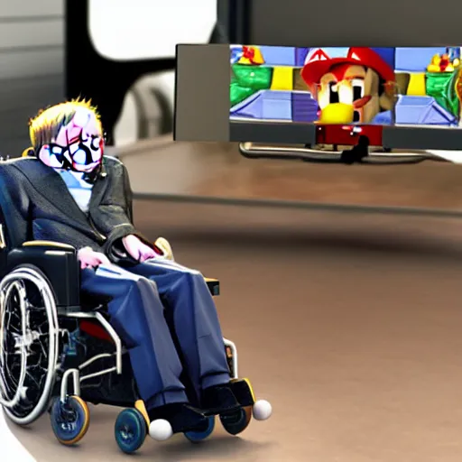 Image similar to stephen hawking in mario cart, in his wheelchair