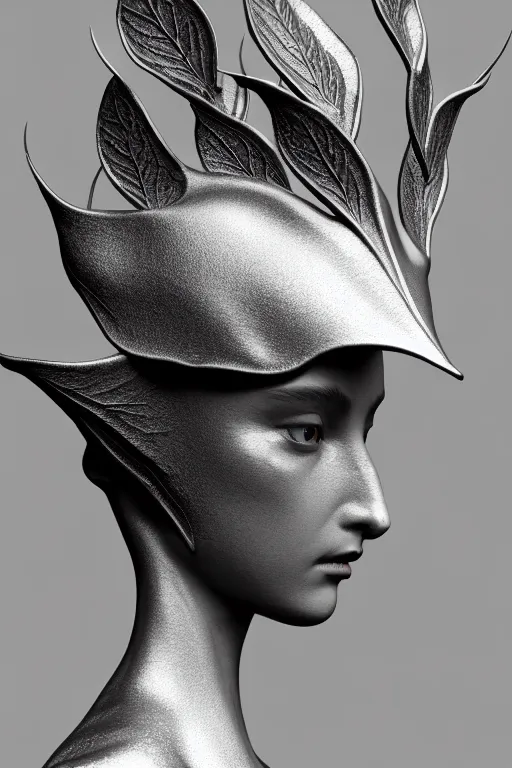 Image similar to monochrome close - up profile face, black background, beautiful young porcelain vegetal - dragon - cyborg - female, 1 5 0 mm, beautiful natural soft rim light, silver gold details, magnolia leaves and stems, roots, mandelbot fractal, elegant, hyper real, ultra detailed, white metallic armour, octane render, 1 6 k