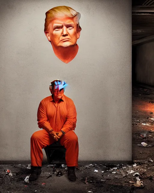 Image similar to a head and shoulders portrait of Donald trump wearing a orange jumpsuit, sitting on the floor of a filthy rat infested concrete jail, dimly lit, volumetric lighting, in jail by craig mullins and Annie Leibowitz, octane, 8k,