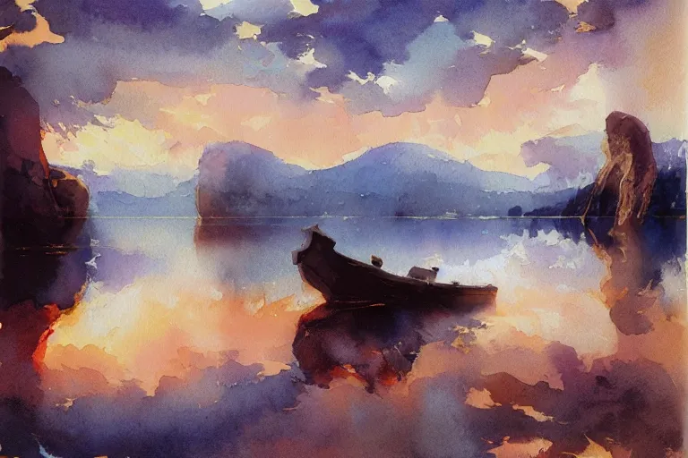 Image similar to small centered on watercolor paper, paint brush strokes, abstract watercolor painting of copper lake, cinematic light, american romanticism by hans dahl, by jesper ejsing, by anders zorn, by greg rutkowski, by greg manchess, by tyler edlin