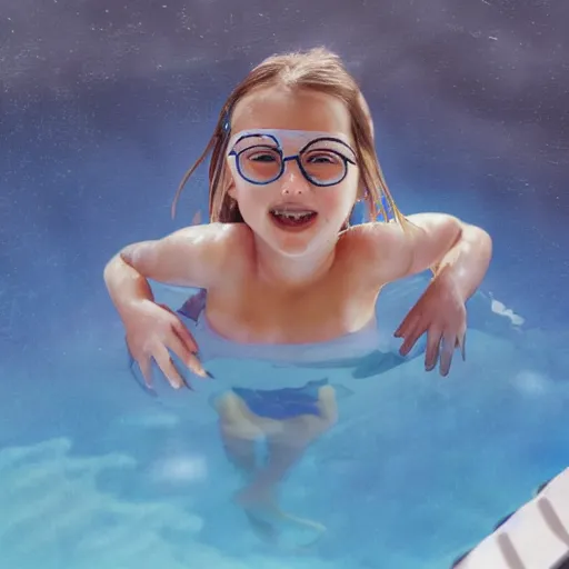 Prompt: Girl poking her head out of a swimming pool, matte painting, natural lighting
