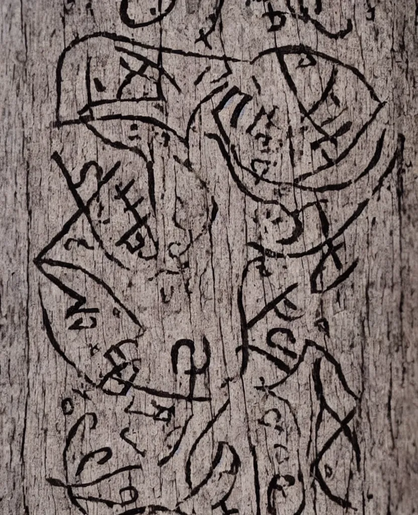 Prompt: a viking story written in runes on wood