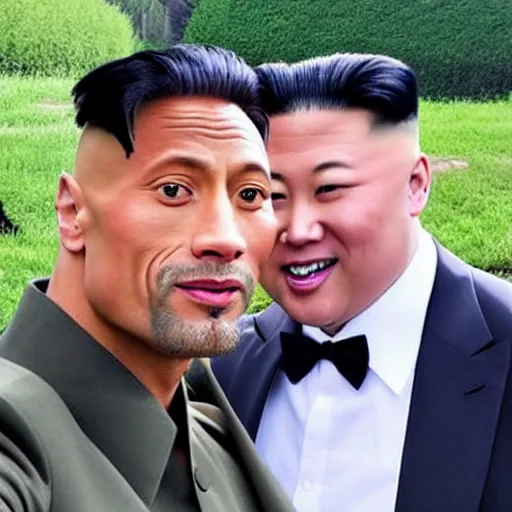 Image similar to dwayne johnson and kim jong - un, selfie, phone photo,