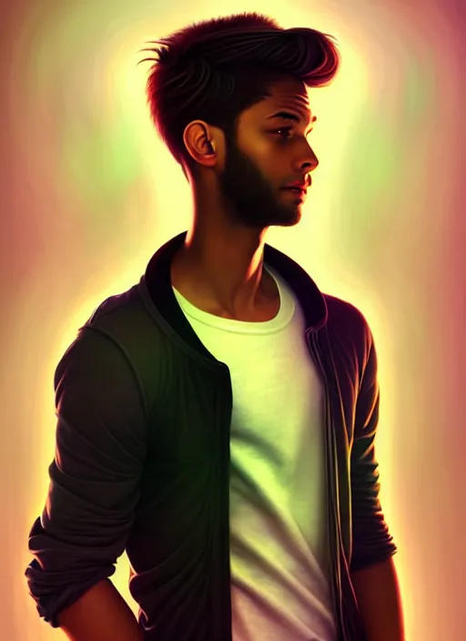 Prompt: handsome young man with black medical, half body shot, path traced, highly detailed, high quality, digital painting, alena aenami, lilia alvarado, shinji aramaki, karol bak, alphonse mucha, tom bagshaw