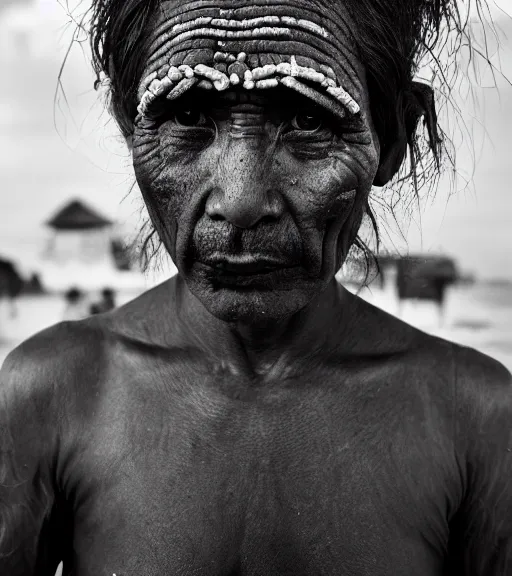 Image similar to Award winning reportage photo of Tuvalu Natives with incredible hair and beautiful hyper-detailed eyes wearing traditional garb by Lee Jeffries, 85mm ND 5, perfect lighting, gelatin silver process