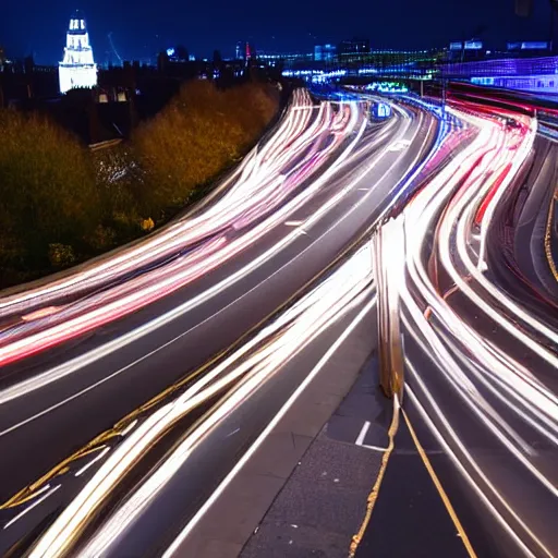 Image similar to Night photography of trafic Light trails in the streets of london, photorealistic