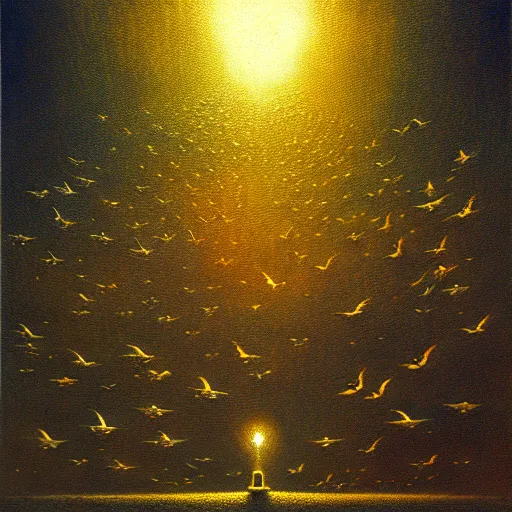 Prompt: hundreds flying birds, shining light, by beksinski, shining light, clouds, architecture, Award winning. Masterpiece, detailed illustration