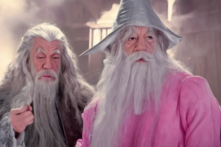 Image similar to scruffy looking Gandalf wearing pink Hello kitty costume, meeting regular Gandalf the white, dramatic lighting, movie still from Lord of the Rings, cinematic