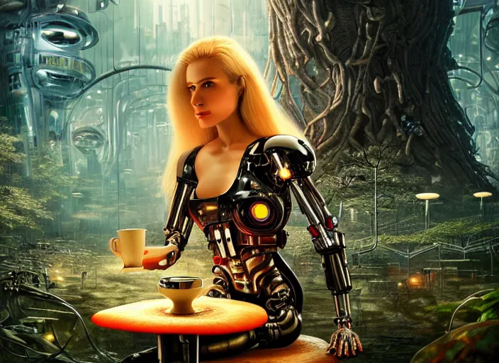 Image similar to photo of an intricate and sophisticated terminator woman with borg enhancements, blonde hair and detailed pretty face sitting on a giant mushroom in a weird magical mechanical forest and drinking a cup of tea. Very detailed 8k. Fantasy cyberpunk horror. Sharp.