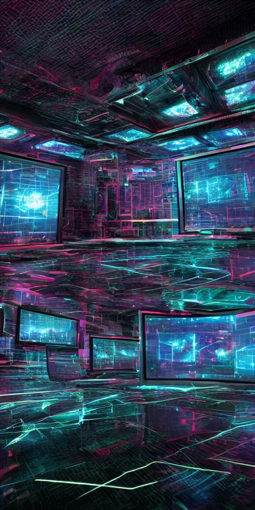 Image similar to a wide shot photorealistic 90's 3D room with four walls covered with glowing CRT computer monitors with fuzzy screens embedded into the wall and a blackhole forming in the floor, Trending on artstation, cinematic lighting from the right, hyper realism, octane render, 8k, depth of field, 3D