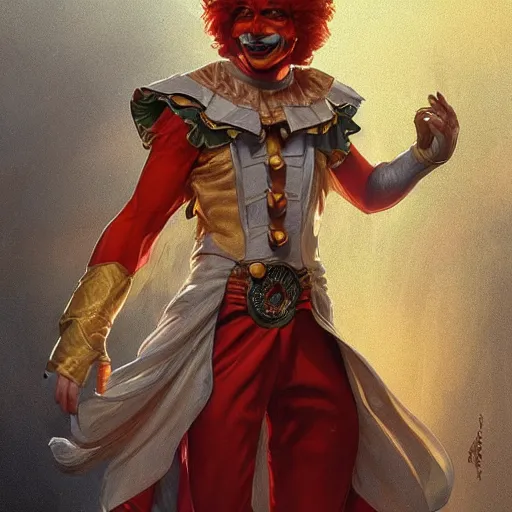 Image similar to an epic fantasy comic book style full body portrait painting of ronald mcdonald. d & d. fantasy. intricate. elegant. highly detailed. digital painting. artstation. concept art. matte. sharp focus. illustration. art by artgerm and greg rutkowski and alphonse mucha