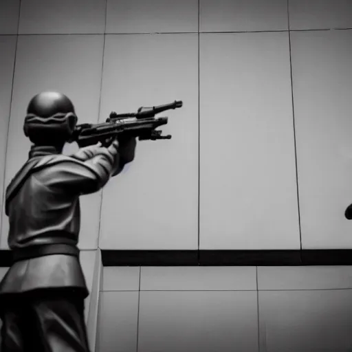 Image similar to the special forces pointing at a peanut statue, security camera, black and white, detailed, realistic, 4k, megalofobia