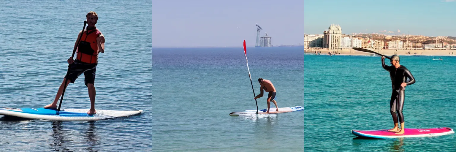 Prompt: man paddle surfing in Barcelona