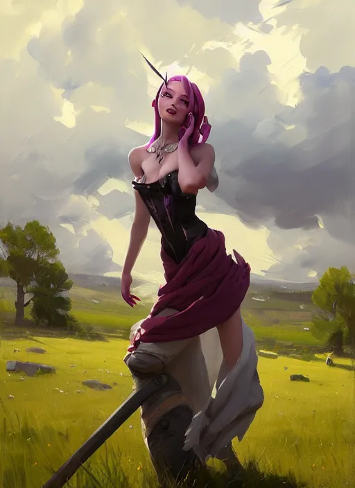 Prompt: portrait of Jinx from League of Legends after work, countryside, calm, fantasy character portrait, dynamic pose, above view, sunny day, thunder clouds in the sky, artwork by Jeremy Lipkin and Giuseppe Dangelico Pino and Michael Garmash and Rob Rey, very coherent asymmetrical artwork, sharp edges, perfect face, simple form, 100mm