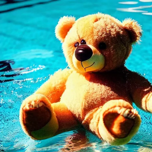 Prompt: a teddy bear swimming in the pool